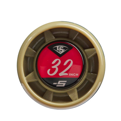 Close-up of the knob on a 2023 Louisville Slugger Meta (-5) 2 5/8" USSSA Baseball Bat (USED), showing a red and black cap marked "32 INCH" and "-5" with the Louisville Slugger logo, encircled by a tan ring.