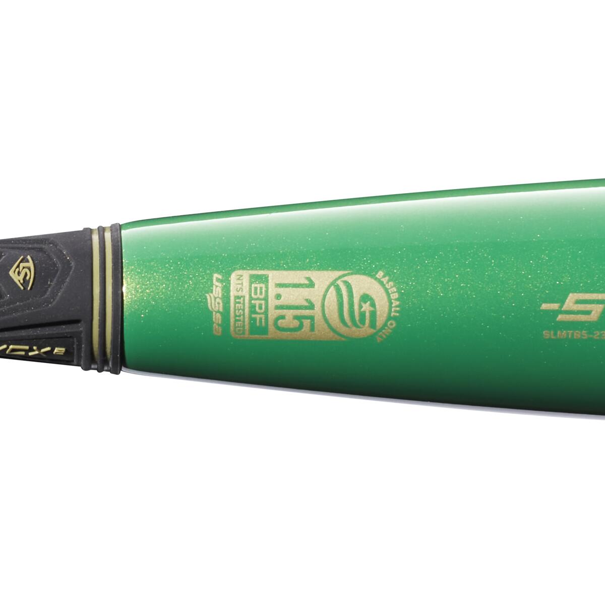 The 2023 Louisville Slugger Meta (-5) 2 5/8" USSSA Baseball Bat (WBL2649010), in green with a black handle, features advanced gapped wall barrel technology for top USSSA performance.