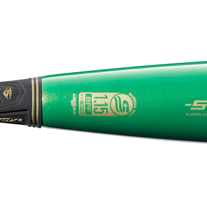 The 2023 Louisville Slugger Meta (-5) 2 5/8" USSSA Baseball Bat (WBL2649010), in green with a black handle, features advanced gapped wall barrel technology for top USSSA performance.