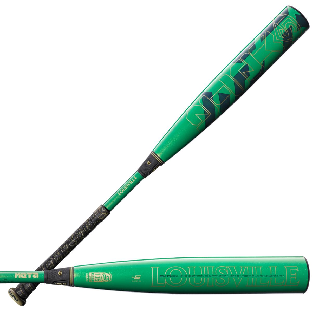 Two views of the 2023 Louisville Slugger Meta (-5) 2 5/8" USSSA Baseball Bat (WBL2649010, USED) in green with black and gold accents: one shows the full bat, the other highlights the “LOUISVILLE” logo and gapped wall barrel technology.