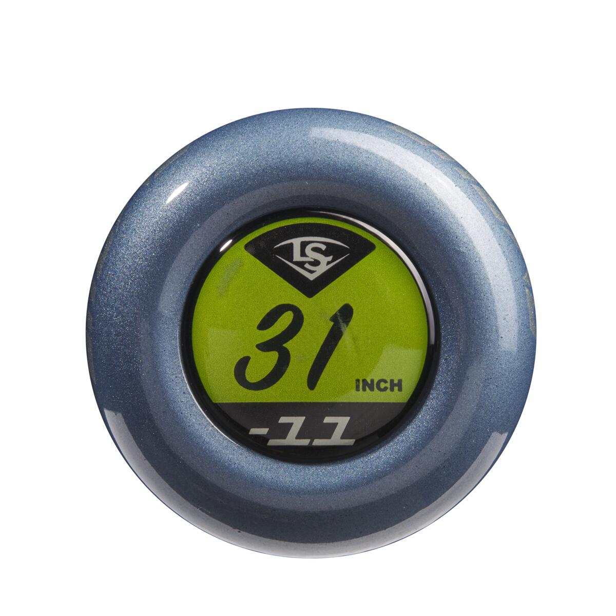 A close-up of the circular blue and green end cap on the 2023 Louisville Slugger Omaha (-11) 2 5/8" USA Baseball Bat (WBL2664010), featuring the Louisville Slugger logo and “31 INCH” and “-11” in black and white text.