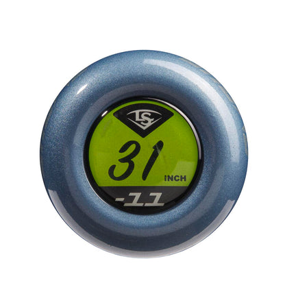 A close-up of the circular blue and green end cap on the 2023 Louisville Slugger Omaha (-11) 2 5/8" USA Baseball Bat (WBL2664010), featuring the Louisville Slugger logo and “31 INCH” and “-11” in black and white text.