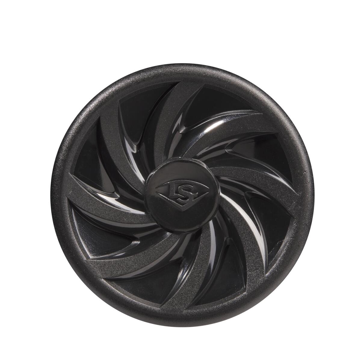 The image shows a black circular end cap with a swirling, turbine-like design and raised LS logo, reflecting the Louisville Slugger brand on the 2023 Omaha (-11) 2 5/8" USA Baseball Bat: WBL2664010, set against a plain white background.