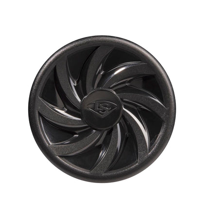 The image shows a black circular end cap with a swirling, turbine-like design and raised LS logo, reflecting the Louisville Slugger brand on the 2023 Omaha (-11) 2 5/8" USA Baseball Bat: WBL2664010, set against a plain white background.