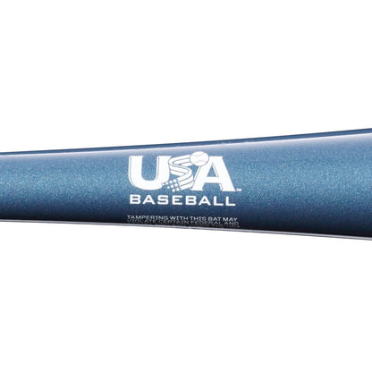 Close-up of the 2023 Louisville Slugger Omaha (-11) 2 5/8" USA Baseball Bat (WBL2664010), featuring a blue finish, white USA Baseball logo with a baseball design in the letter A.