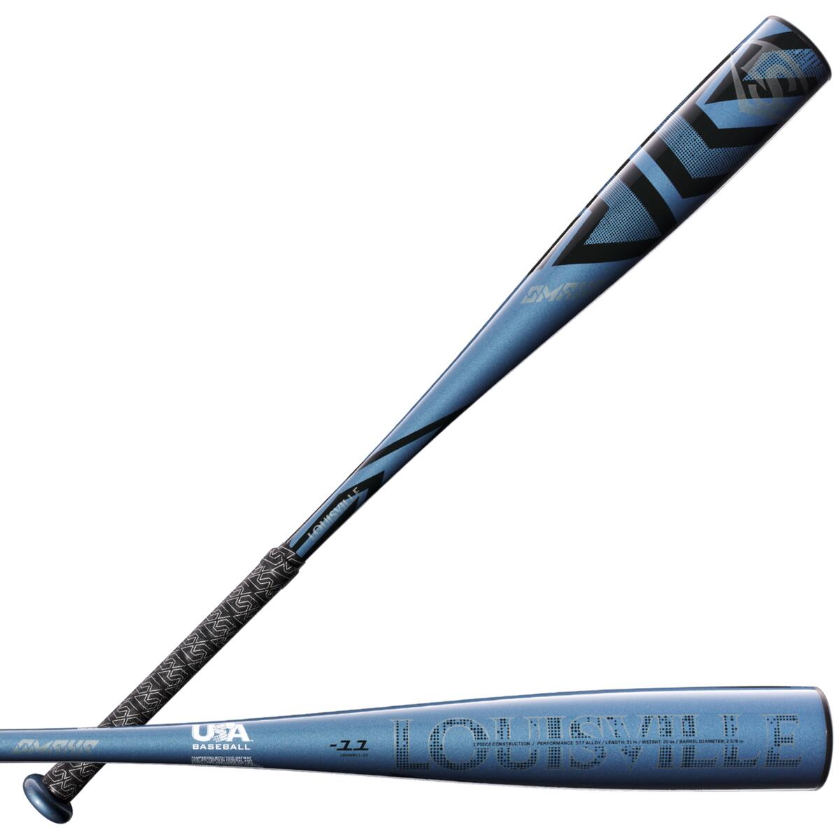 Two metallic blue 2023 Louisville Slugger Omaha (-11) USA Baseball Bats (WBL2664010) are shown, one horizontal and one diagonal, both featuring black grip tape and bold black Louisville Slugger branding and logos.