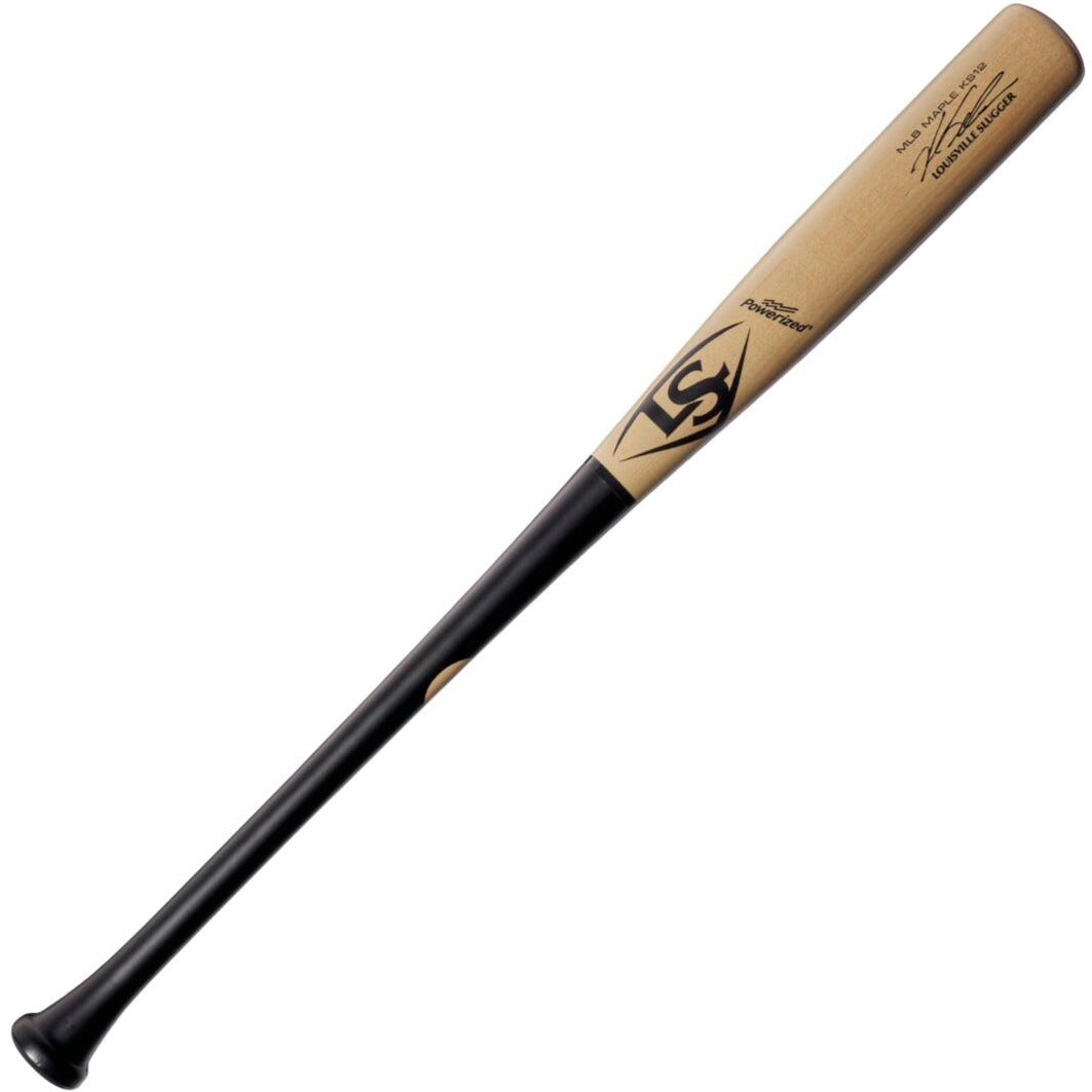 The Louisville Slugger MLB Prime Signature Series KS12 Kyle Schwarber GM Maple Bat (WBL2679010) features a natural barrel, black handle, and official Louisville Slugger logos, crafted from high-quality maple wood.