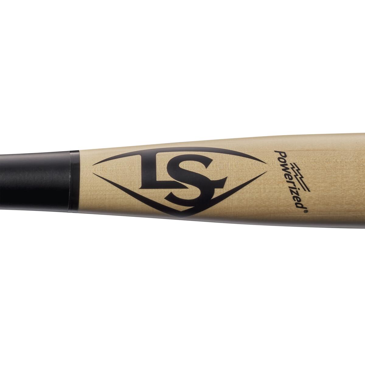 Close-up of a Louisville Slugger MLB Prime Signature Series KS12 Kyle Schwarber GM Maple Wood Baseball Bat (WBL2679010), featuring the LS diamond logo, Powerized marking, light wood barrel, and black handle.
