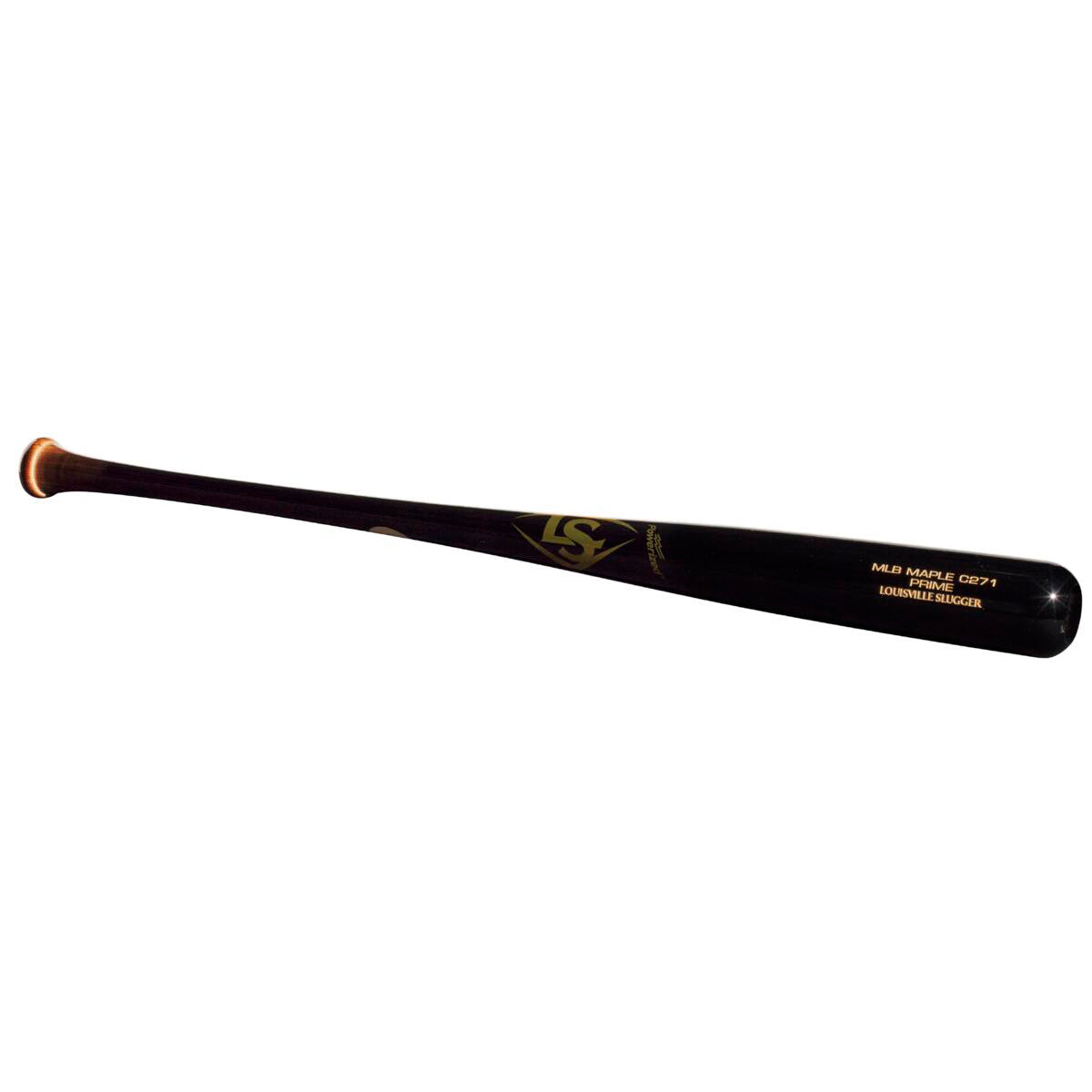 The Louisville Slugger MLB Prime Maple C271 Wood Baseball Bat (WBL2680010) features a black finish with gold lettering and a natural wood knob for balance.