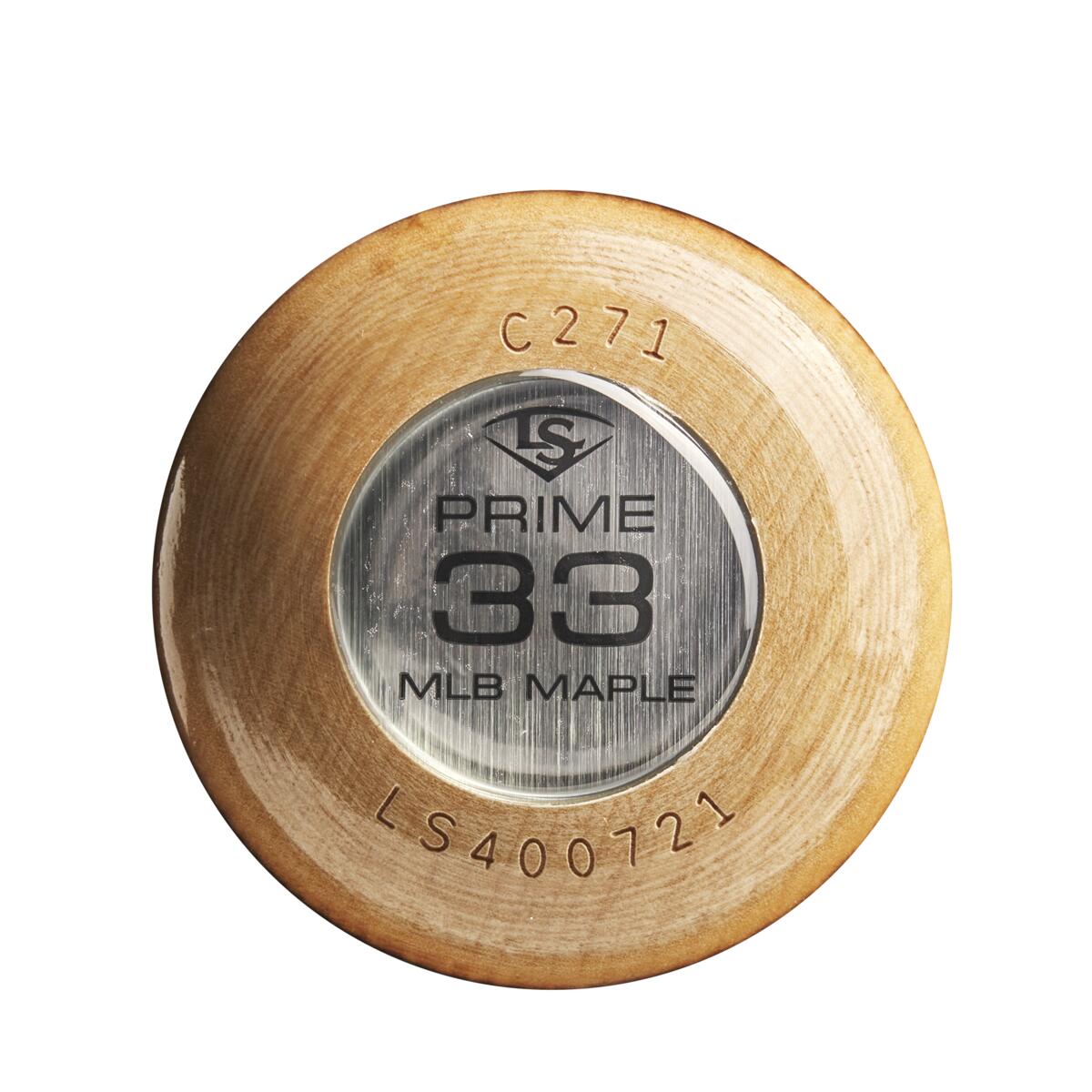 The Louisville Slugger MLB Prime Maple C271 Wood Baseball Bat (WBL2680010) features a metal knob end cap with PRIME 33 MLB MAPLE and a balanced swing, with model and serial details engraved on the wood.