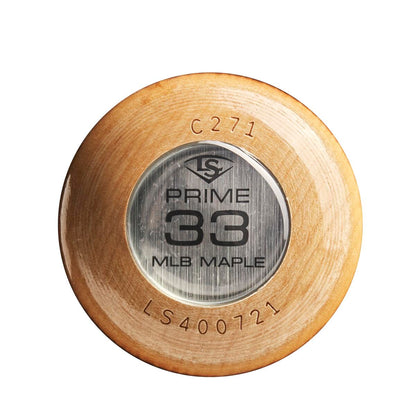 The Louisville Slugger MLB Prime Maple C271 Wood Baseball Bat (WBL2680010) features a metal knob end cap with PRIME 33 MLB MAPLE and a balanced swing, with model and serial details engraved on the wood.