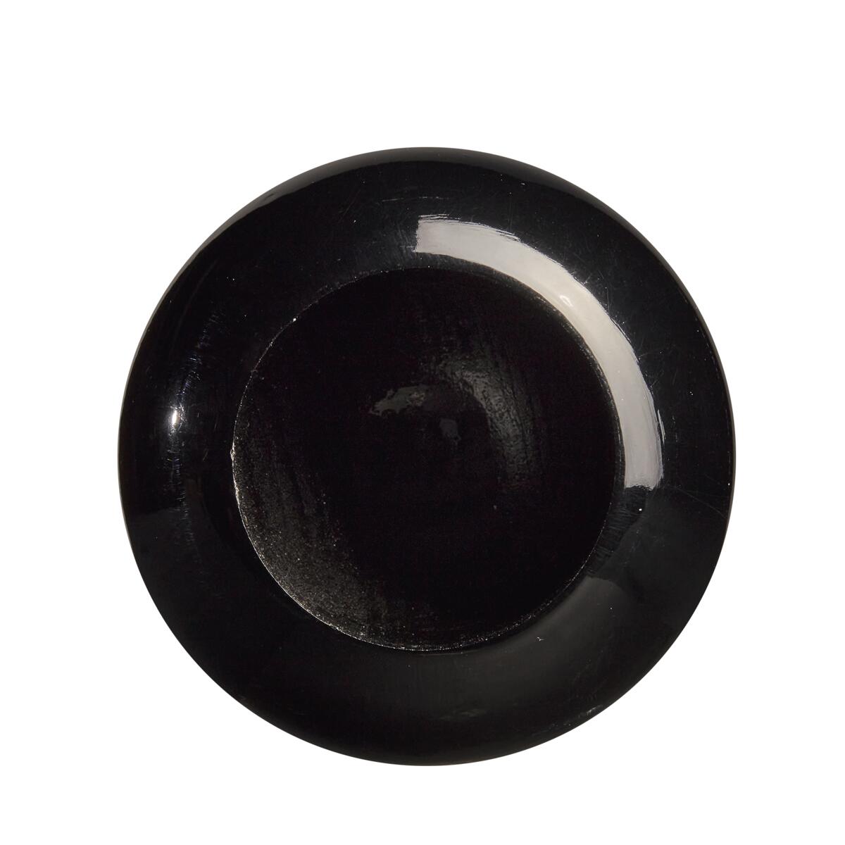 A round, glossy black plate seen from above on a white background, evoking the balanced swing of the Louisville Slugger MLB Prime Maple C271 Wood Baseball Bat: WBL2680010.