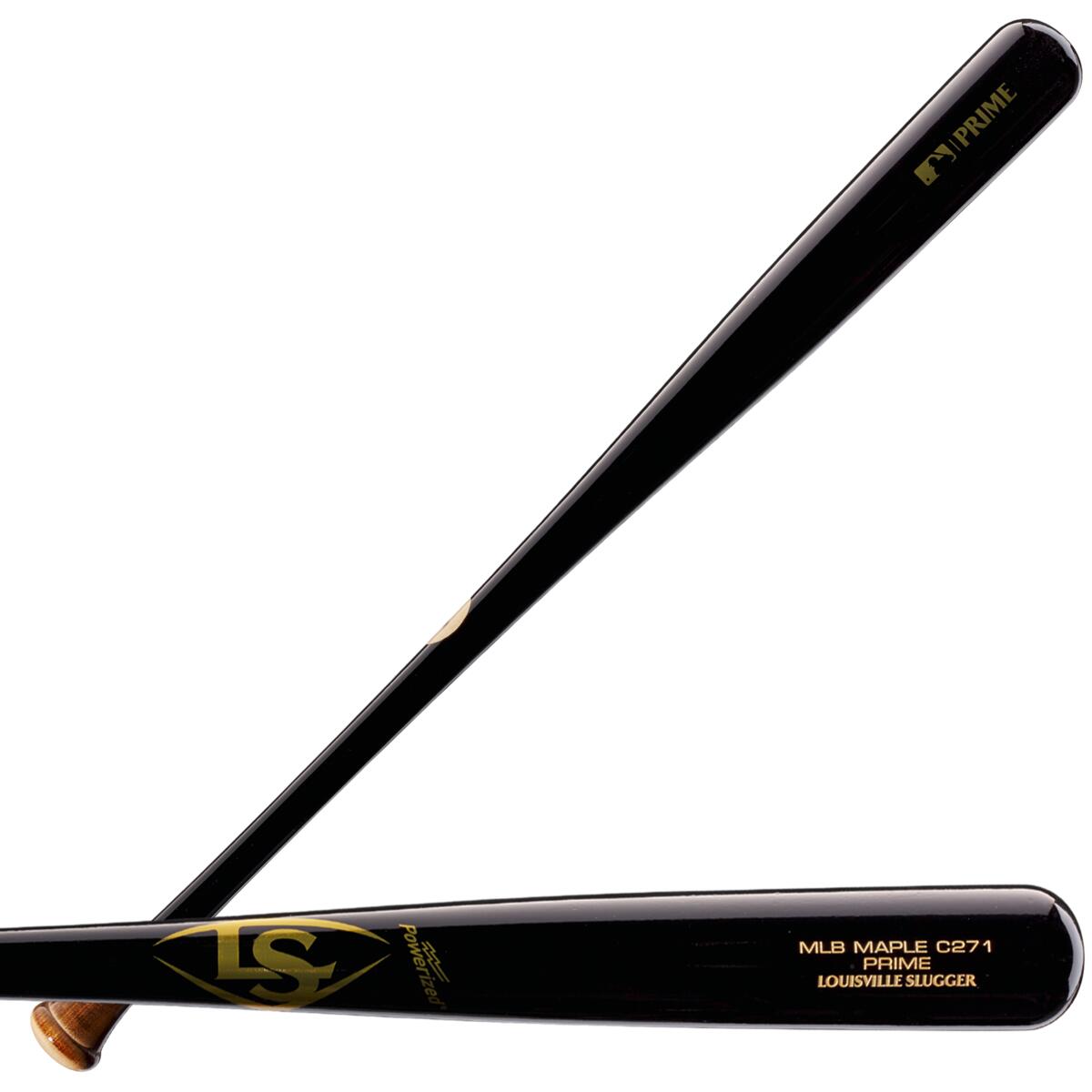Two glossy black Louisville Slugger MLB Prime Maple C271 Wood Baseball Bats (WBL2680010) are crossed, featuring gold logos and "Prime" text, with wooden handles partly visible and offering a balanced swing.