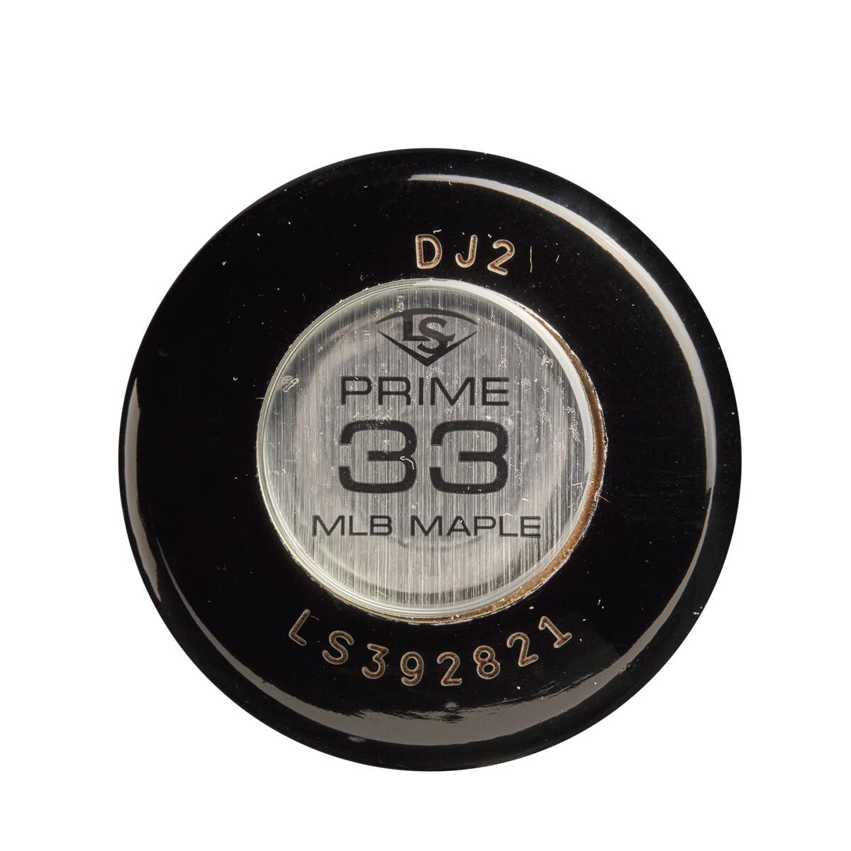 Close-up of the knob of a Louisville Slugger MLB Prime Maple DJ2 Captain Wood Baseball Bat (WBL2683010), showing “PRIME 33 MLB MAPLE,” serial “LS392821,” DJ2 code, and the iconic Louisville Slugger logo.
