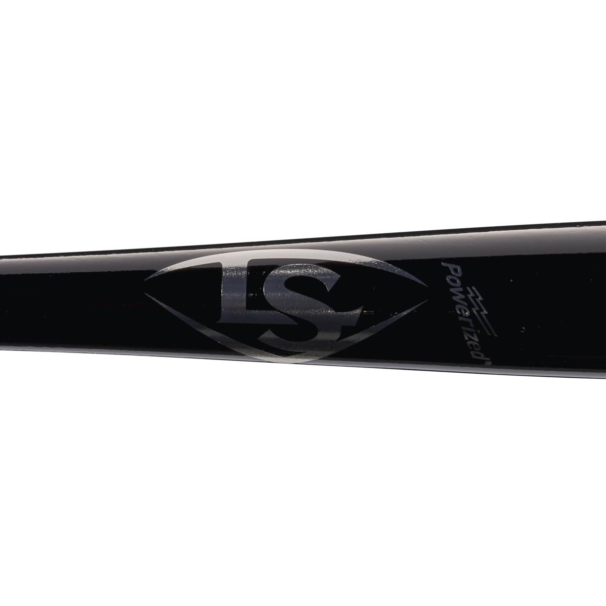 Close-up of a black Louisville Slugger MLB Prime Maple DJ2 Captain Wood Baseball Bat (WBL2683010) with a silver LS logo and the word "Powerized" on the barrel.