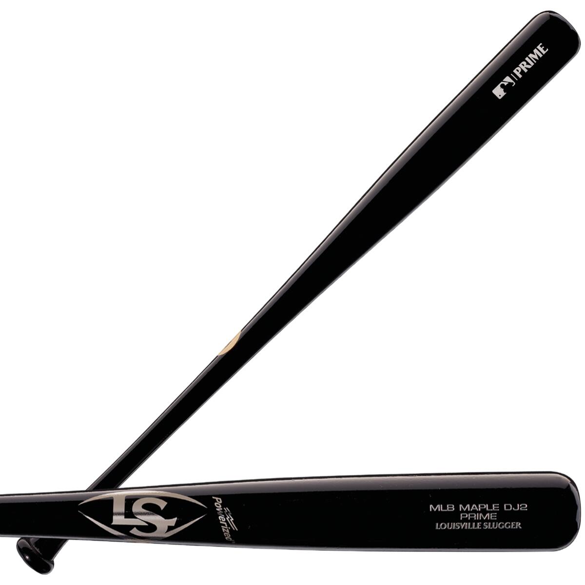 Two black wooden Louisville Slugger MLB Prime Maple DJ2 Captain bats—one upright, one horizontal—feature white logos and text, showcasing Derek Jeter’s signature design. Model: WBL2683010.