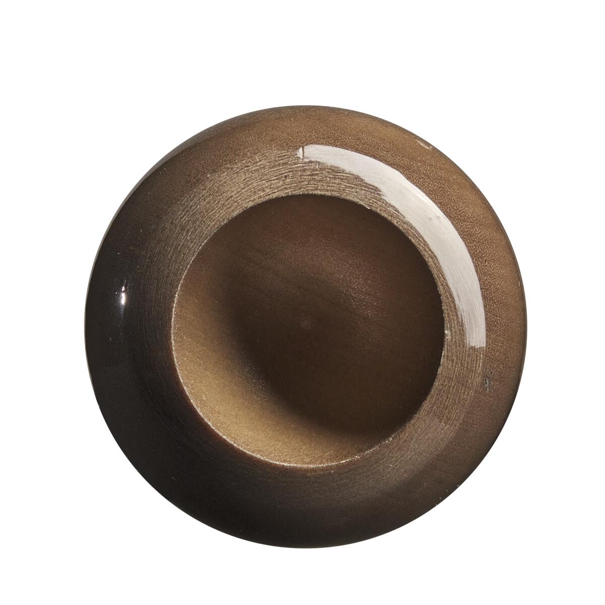 Top view of a round, brown, wooden bowl with a smooth texture and glossy finish, reminiscent of the balanced swing weight and elegance of the Louisville Slugger MLB Prime Birch C271 Wood Baseball Bat (WBL2684010), placed on a white background.