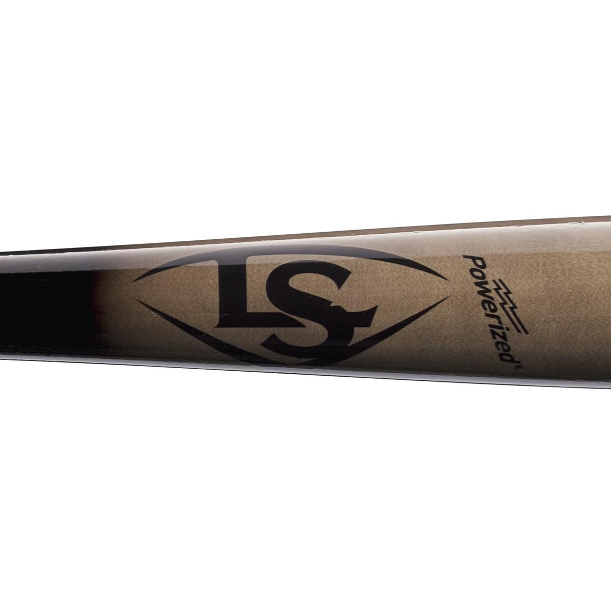 Close-up of a Louisville Slugger MLB Prime Birch C271 Wood Baseball Bat (WBL2684010) in brown and black, featuring the LS logo in a diamond shape and "Powerized" on the barrel, designed for a balanced swing weight.