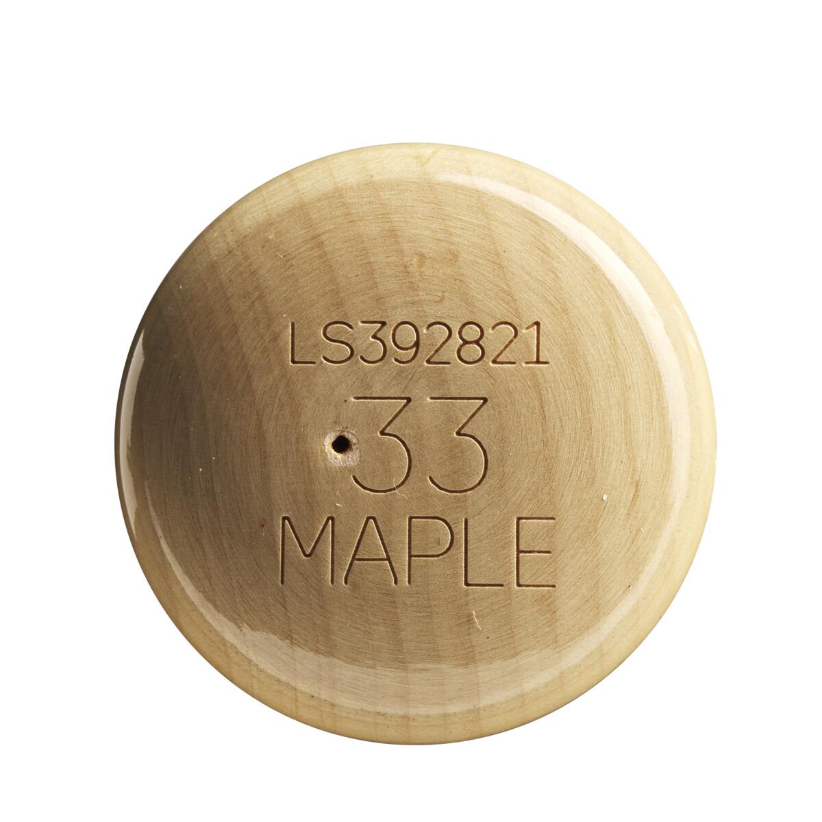 Inspired by the Louisville Slugger Select Cut M9 Maple C271 Wood Baseball Bat (WBL2685010), this polished round wooden knob features LS392821 33 MAPLE engraved on top and a small center hole, echoing the bat’s balanced swing weight.