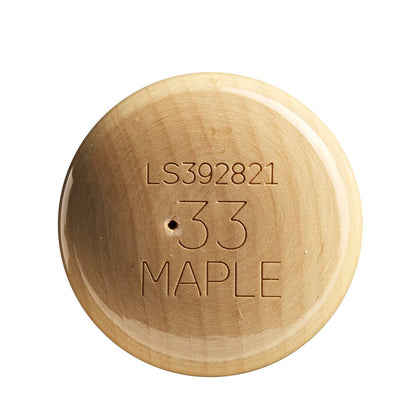 Inspired by the Louisville Slugger Select Cut M9 Maple C271 Wood Baseball Bat (WBL2685010), this polished round wooden knob features LS392821 33 MAPLE engraved on top and a small center hole, echoing the bat’s balanced swing weight.