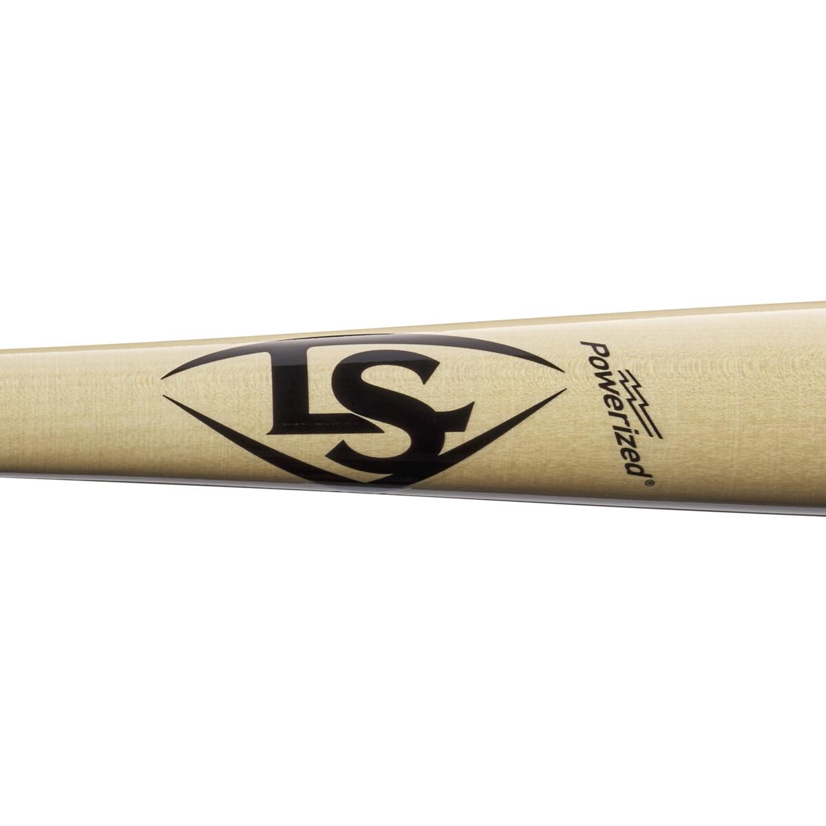 Close-up of the Louisville Slugger Select Cut M9 Maple C271 Wood Baseball Bat (WBL2685010) with black LS diamond logo, "Powerized" mark, and balanced swing weight for top performance.