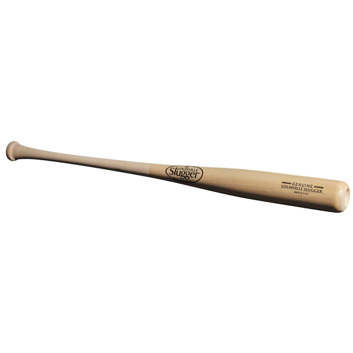 A Louisville Slugger Genuine MIX Unfinished Natural Wood Baseball Bat (WBL2689010) with an unfinished handle and the brand’s logo by the barrel rests on a white background.