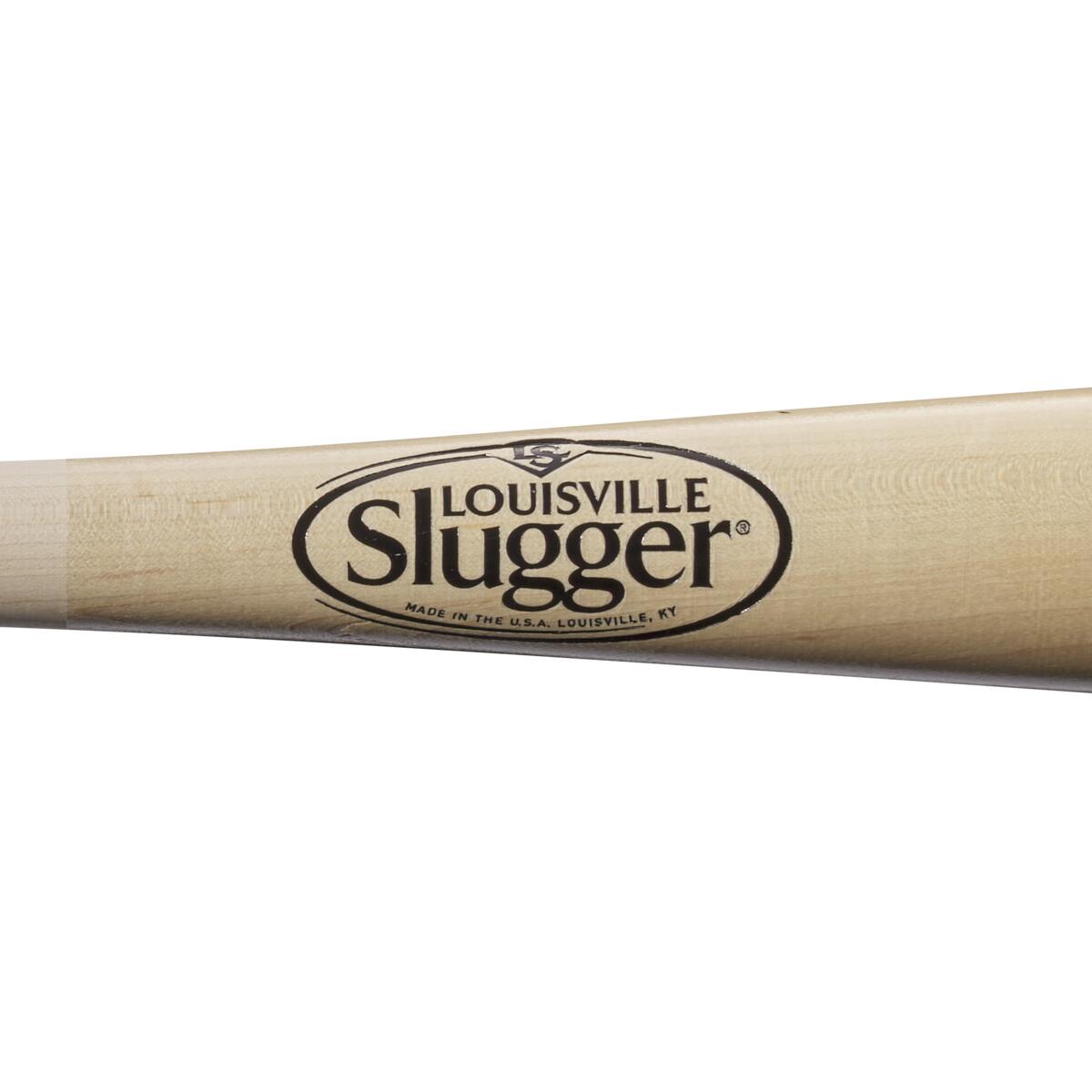 Close-up of the Louisville Slugger Genuine MIX Unfinished Natural Wood Baseball Bat (WBL2689010) with engraved logo, "MADE IN THE U.S.A. LOUISVILLE, KY" text, and an unfinished handle for a classic look.