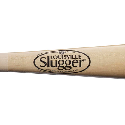 Close-up of the Louisville Slugger Genuine MIX Unfinished Natural Wood Baseball Bat (WBL2689010) with engraved logo, "MADE IN THE U.S.A. LOUISVILLE, KY" text, and an unfinished handle for a classic look.