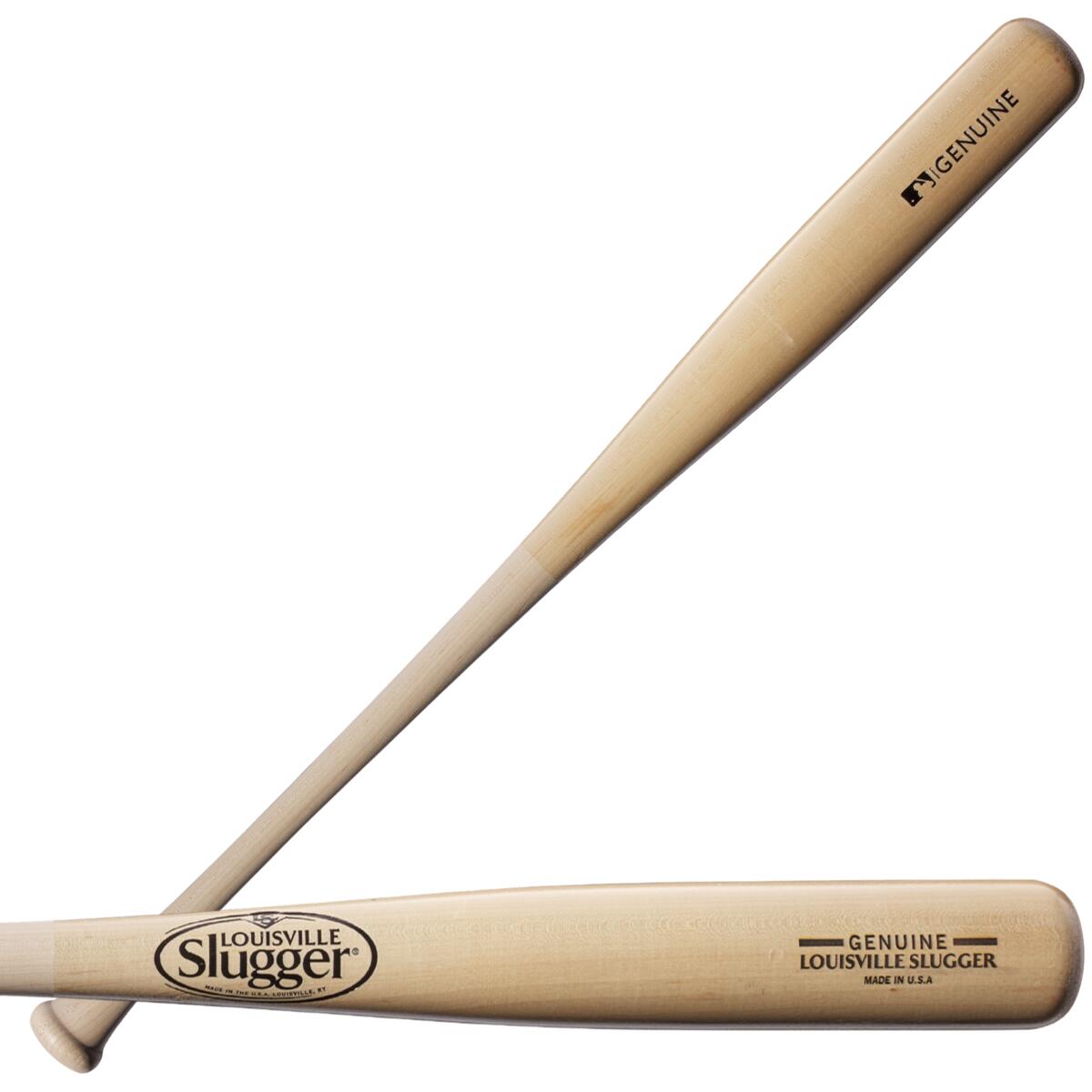Two light-colored Louisville Slugger Genuine MIX Unfinished Natural Wood Baseball Bats (WBL2689010) lay side by side, both showing off the famous Louisville Slugger logo and Genuine label on their natural wood barrels.