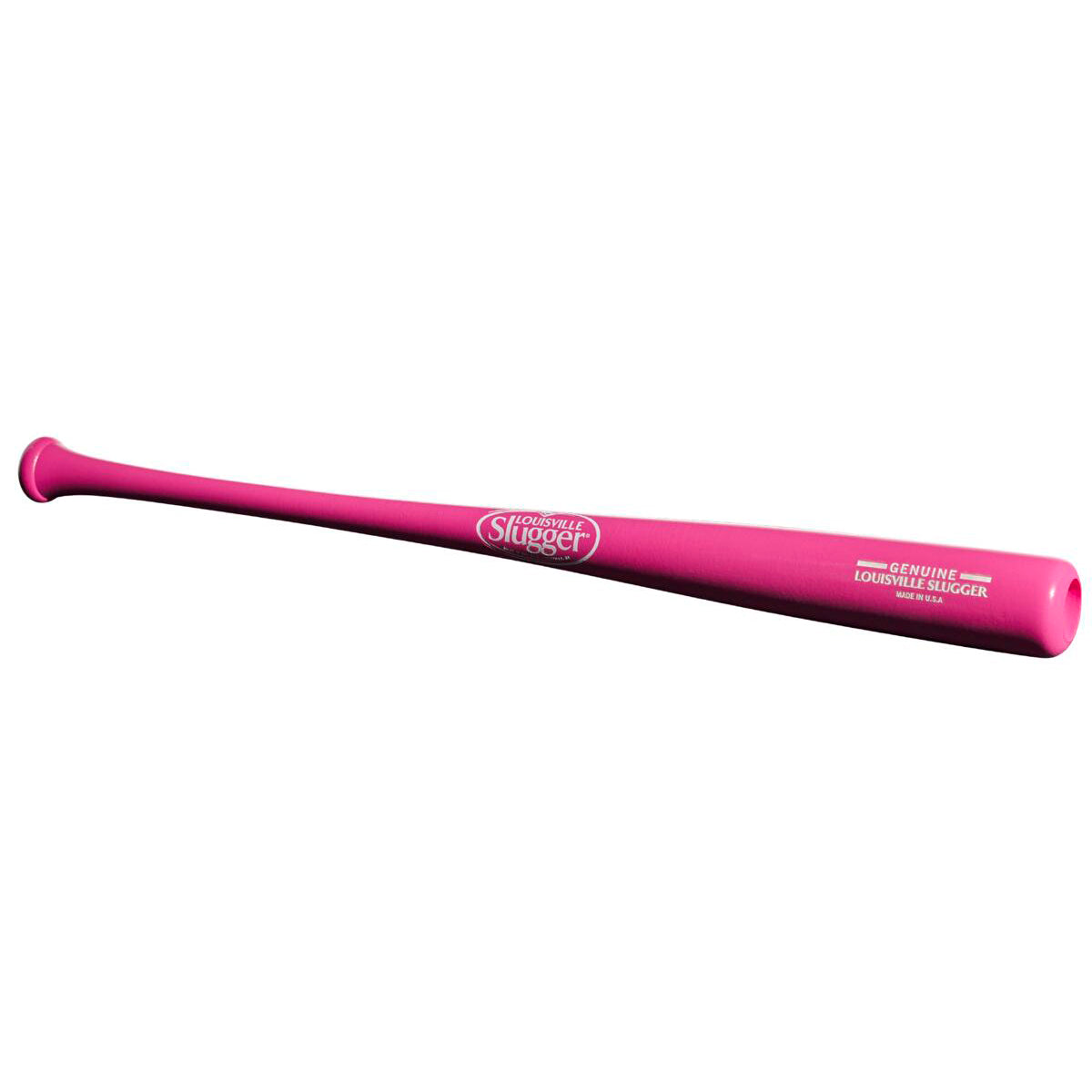 The Louisville Slugger Genuine MIX Pink Wood Baseball Bat: WBL2691010 features a balanced swing weight and white logos, shown on a plain white background. Made in the USA, this bat blends style and performance.