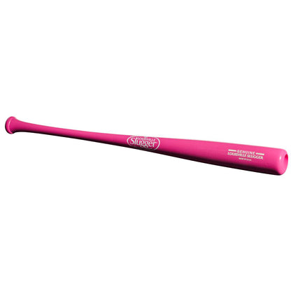 The Louisville Slugger Genuine MIX Pink Wood Baseball Bat: WBL2691010 features a balanced swing weight and white logos, shown on a plain white background. Made in the USA, this bat blends style and performance.