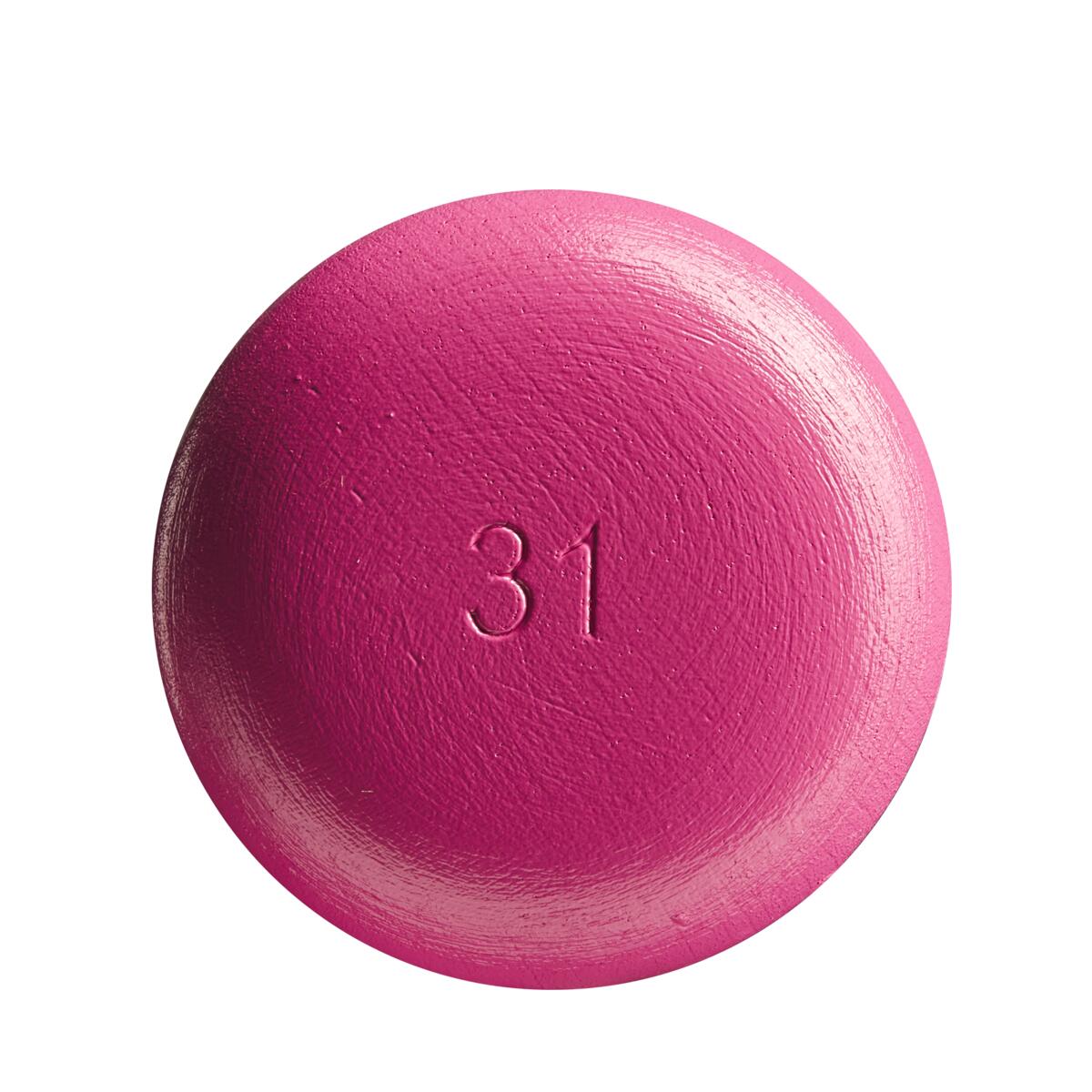A round, bright pink pill embossed with "31" in the center is shown on a white background—its vibrant color recalling the Louisville Slugger Genuine MIX Pink Wood Baseball Bat (WBL2691010) by Louisville Slugger.