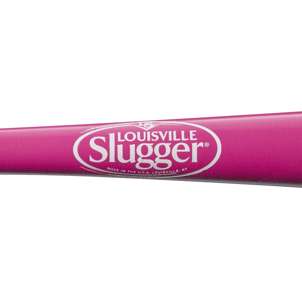 Close-up of a Louisville Slugger Genuine MIX Pink Wood Baseball Bat: WBL2691010, made in the USA, with white and pink Louisville Slugger logo on the barrel.