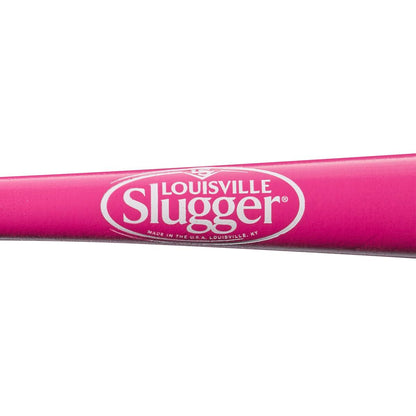 Close-up of a Louisville Slugger Genuine MIX Pink Wood Baseball Bat: WBL2691010, made in the USA, with white and pink Louisville Slugger logo on the barrel.