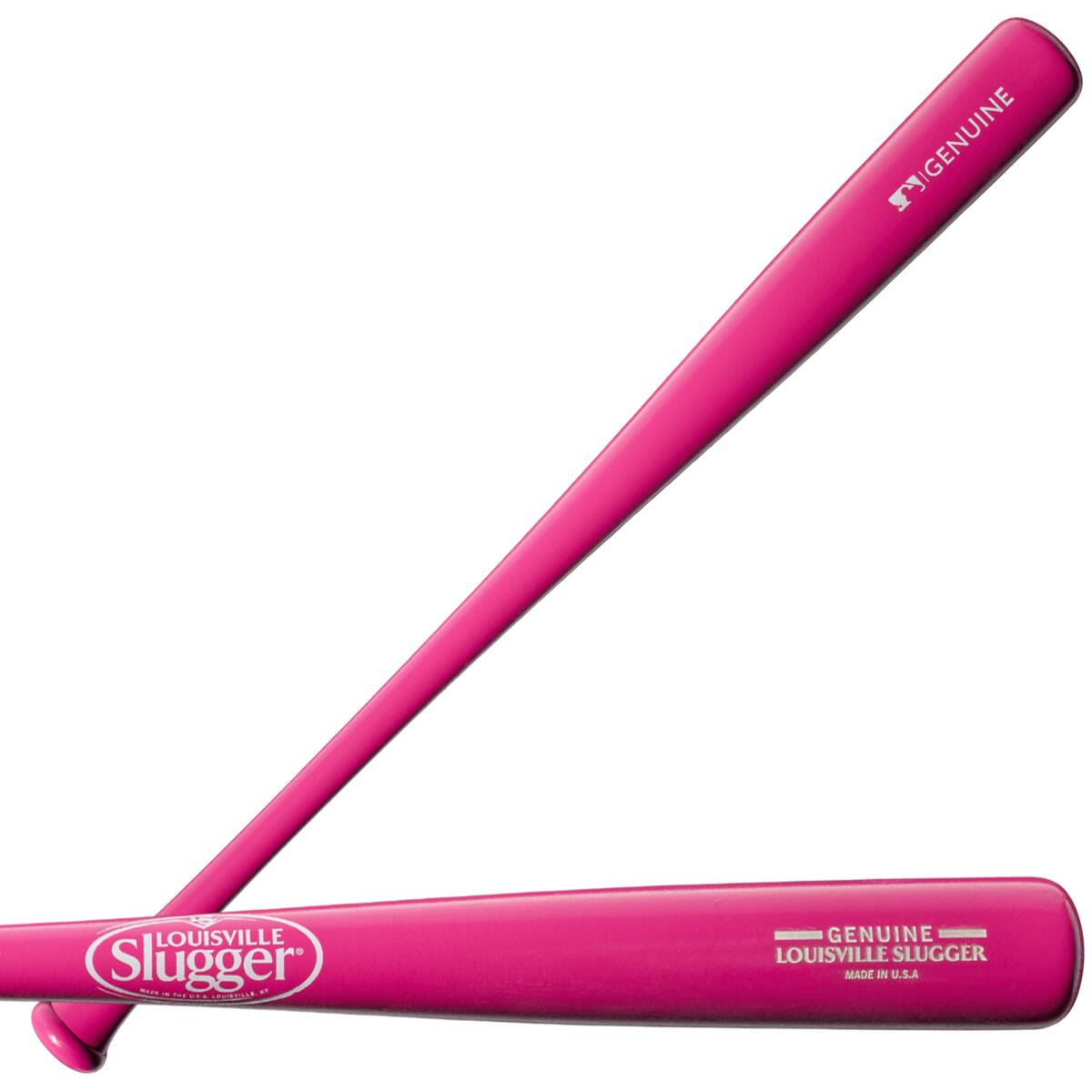 The Louisville Slugger Genuine MIX Pink Wood Baseball Bat: WBL2691010, made in the USA, features white “Genuine Louisville Slugger” logos near the handle, offers a balanced swing weight, and is shown against a white background.