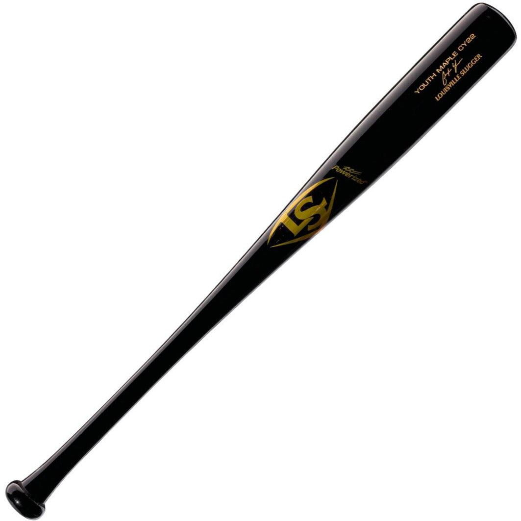 The Louisville Slugger Youth Prime CY22 Christian Yelich Maple Wood Baseball Bat (WBL2699010) is black, features a gold logo and text near the handle, and is shown on a white background.
