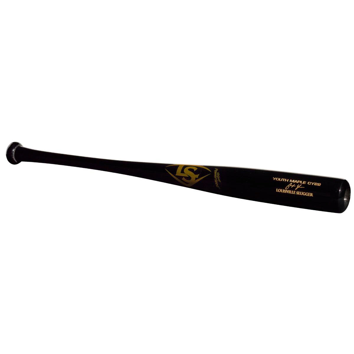 The Louisville Slugger Youth Prime CY22 Christian Yelich Maple Wood Baseball Bat (WBL2699010) features a black finish with gold lettering and logo, inspired by Christian Yelich, shown on a white background.