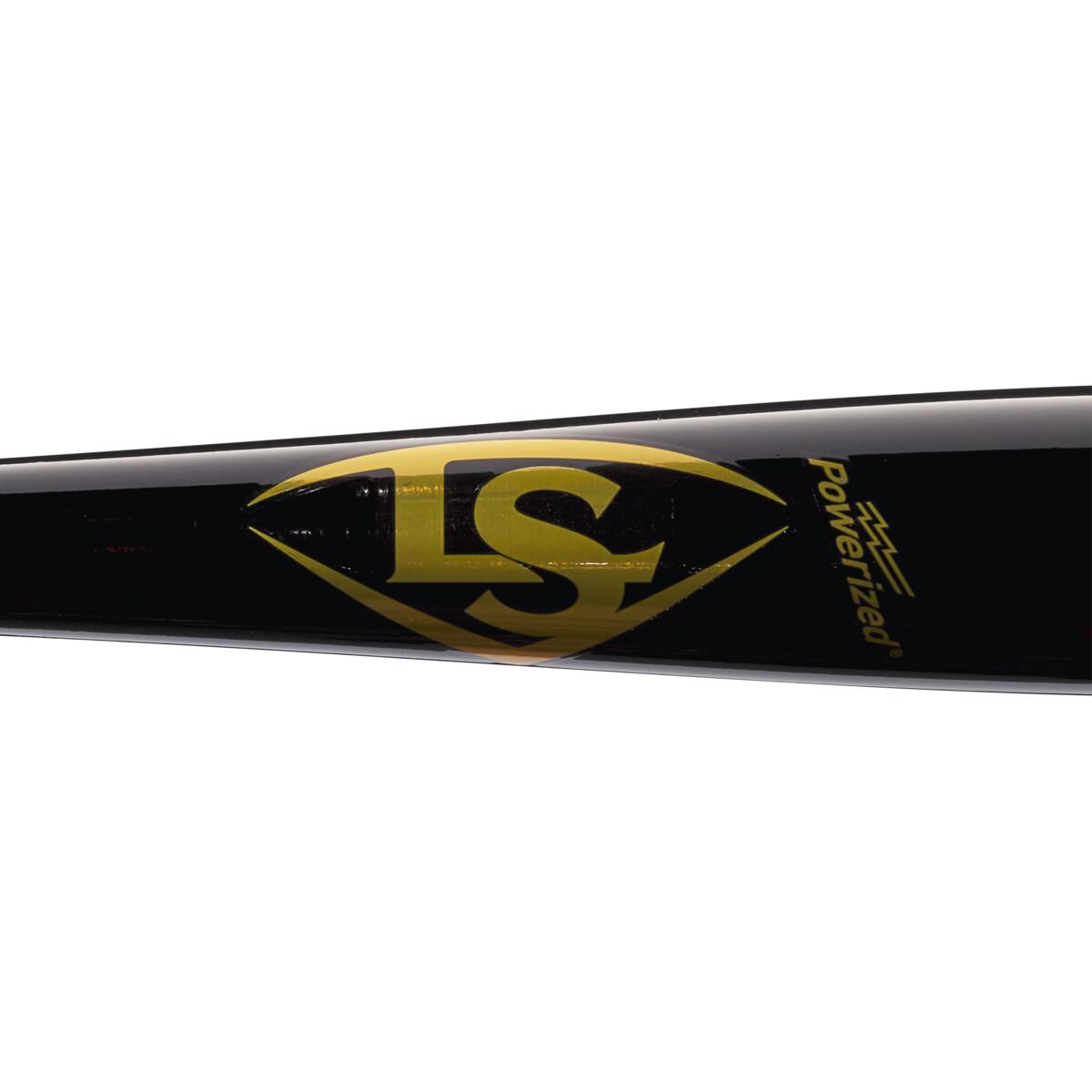 Close-up of a black Louisville Slugger Youth Prime CY22 Christian Yelich Maple Wood Baseball Bat (WBL2699010) featuring a large yellow LS diamond logo and the word "Powerized" printed nearby.