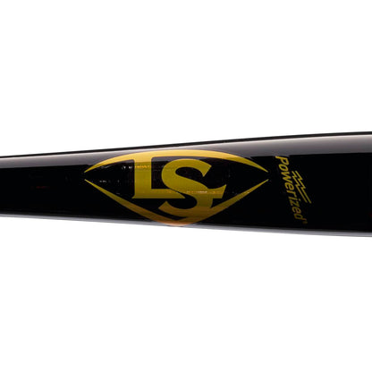Close-up of a black Louisville Slugger Youth Prime CY22 Christian Yelich Maple Wood Baseball Bat (WBL2699010) featuring a large yellow LS diamond logo and the word "Powerized" printed nearby.