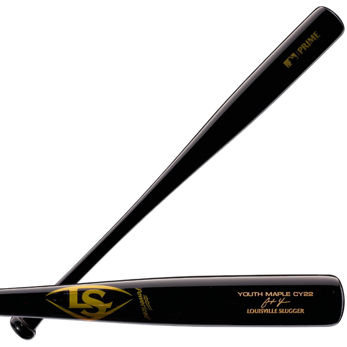 Two black Louisville Slugger Youth Prime CY22 Christian Yelich Maple Wood Baseball Bats (WBL2699010) are crossed, one showing gold branding and a signature.