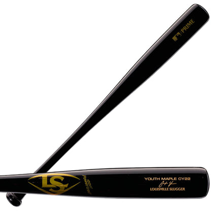 Two black Louisville Slugger Youth Prime CY22 Christian Yelich Maple Wood Baseball Bats (WBL2699010) are crossed, one showing gold branding and a signature.