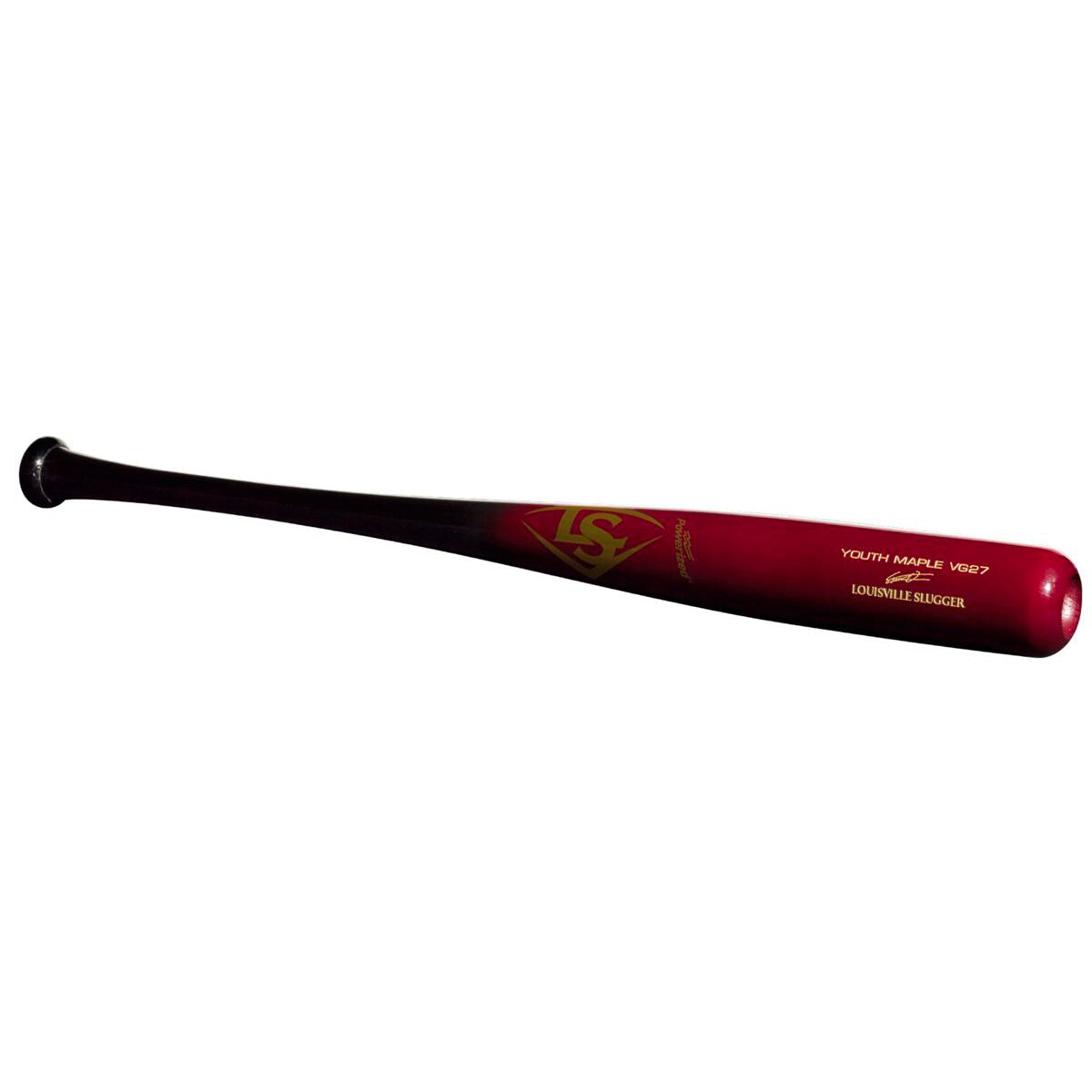 The Louisville Slugger Youth Prime VG27 Vladimir Guerrero Jr. Maple Wood Baseball Bat (WBL2702010) features a black handle, red barrel, and gold lettering with logo—perfect for young players seeking style and performance.