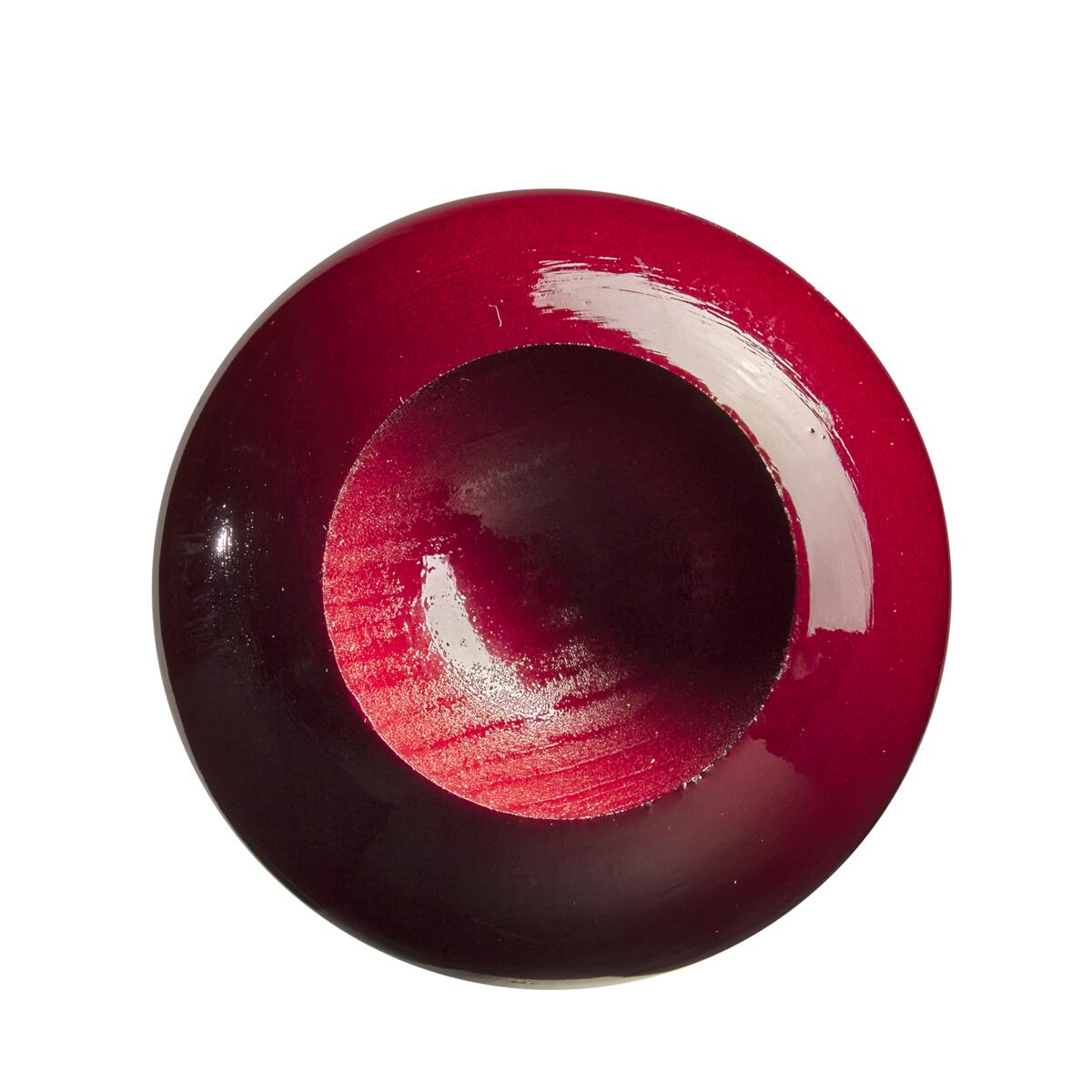 A glossy, deep red, round wooden bowl with a smooth indentation—evoking the rich maple finish of the Louisville Slugger Youth Prime VG27 Vladimir Guerrero Jr. Bat by Louisville Slugger—displayed on a white background.