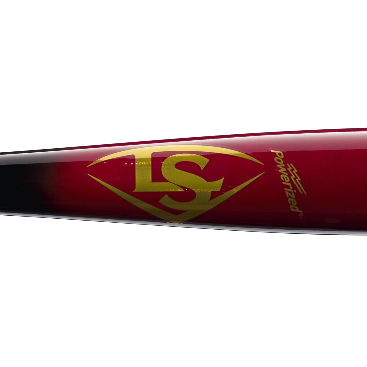 Close-up of the Louisville Slugger Youth Prime VG27 Vladimir Guerrero Jr. Maple Wood Baseball Bat (WBL2702010), featuring red and black colors, a yellow LS logo in a diamond, and "Powerized" printed on the barrel.