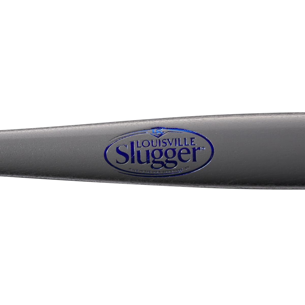 Close-up of the Louisville Slugger Youth Flylite Y243 Wood Baseball Bat (WBL2704010) in black, featuring the brand’s blue and white logo.