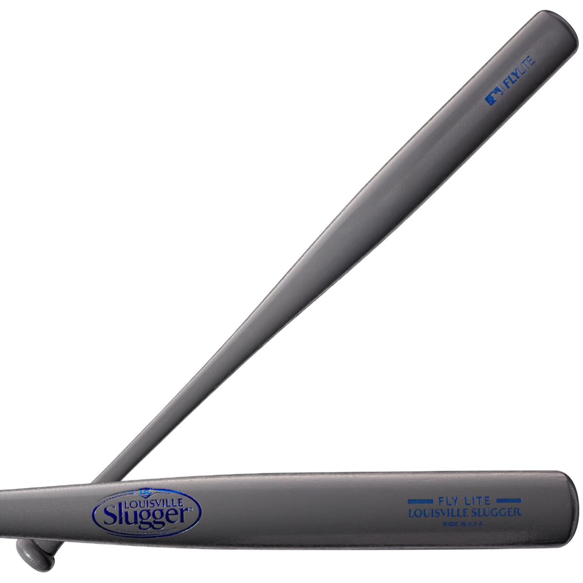 Two gray Louisville Slugger Youth Flylite Y243 Wood Baseball Bats (WBL2704010) are shown overlapped, each featuring the brand logo and blue "Flylite" text—ideal poplar bats for young players.
