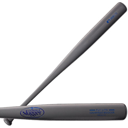 Two gray Louisville Slugger Youth Flylite Y243 Wood Baseball Bats (WBL2704010) are shown overlapped, each featuring the brand logo and blue "Flylite" text—ideal poplar bats for young players.