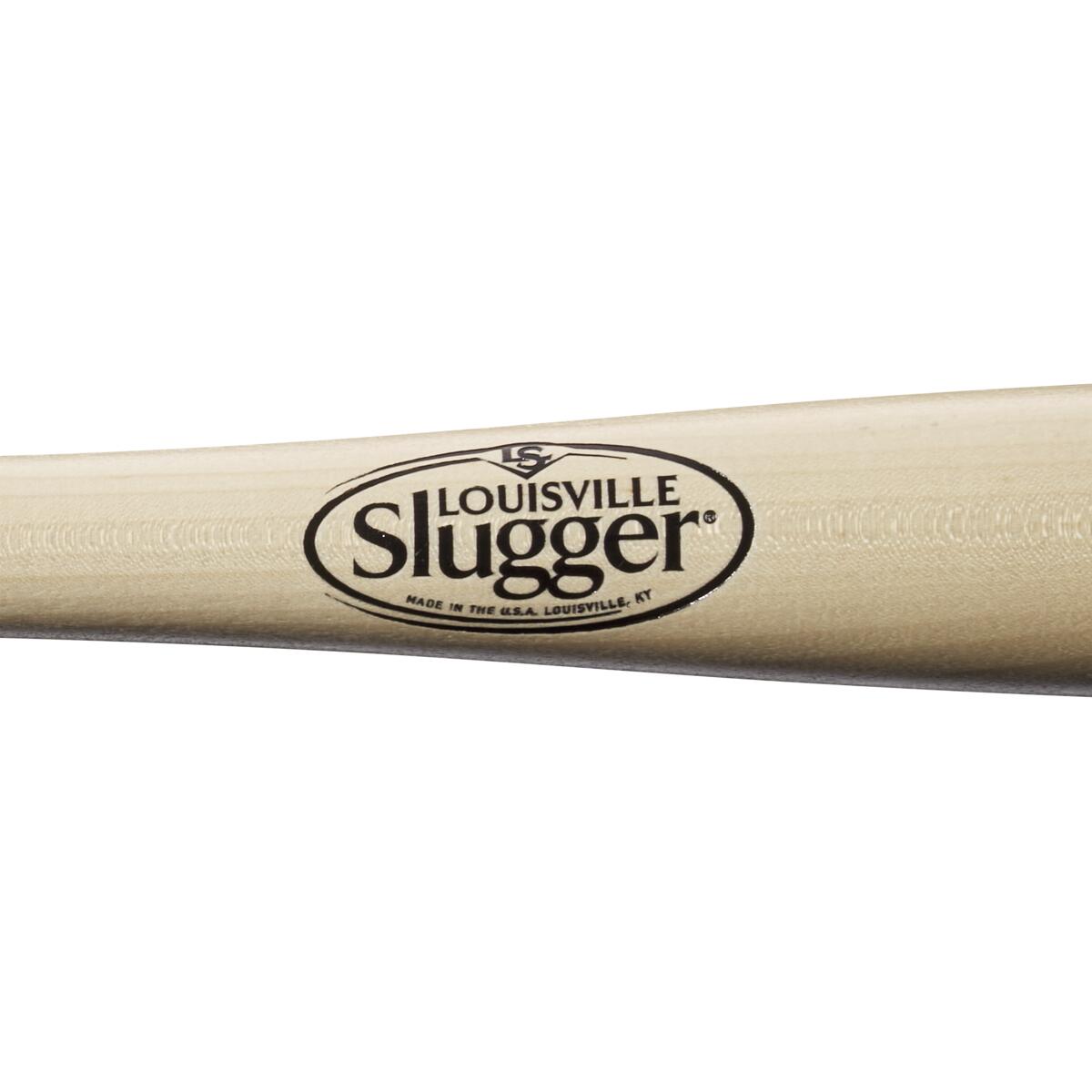 Close-up of the Louisville Slugger Fungo K100 36" Wood Training Bat (WBL271101036), showing its light wooden barrel and the Louisville Slugger logo stamped in black.
