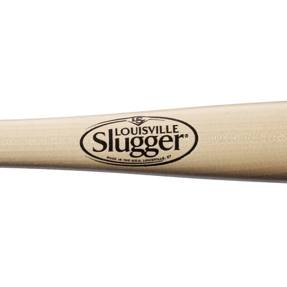 Close-up of the Louisville Slugger Fungo K100 36" Wood Training Bat (WBL271101036), showing its light wooden barrel and the Louisville Slugger logo stamped in black.