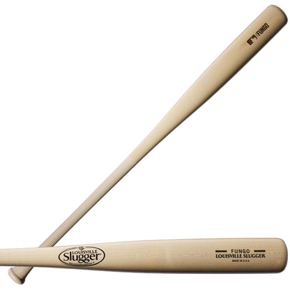 A Louisville Slugger Fungo K100 36" Wood Training Bat (WBL271101036) is shown, with one bat laying horizontally and another diagonally above it. Both display the Louisville Slugger logo and "Fungo" label on the barrel.
